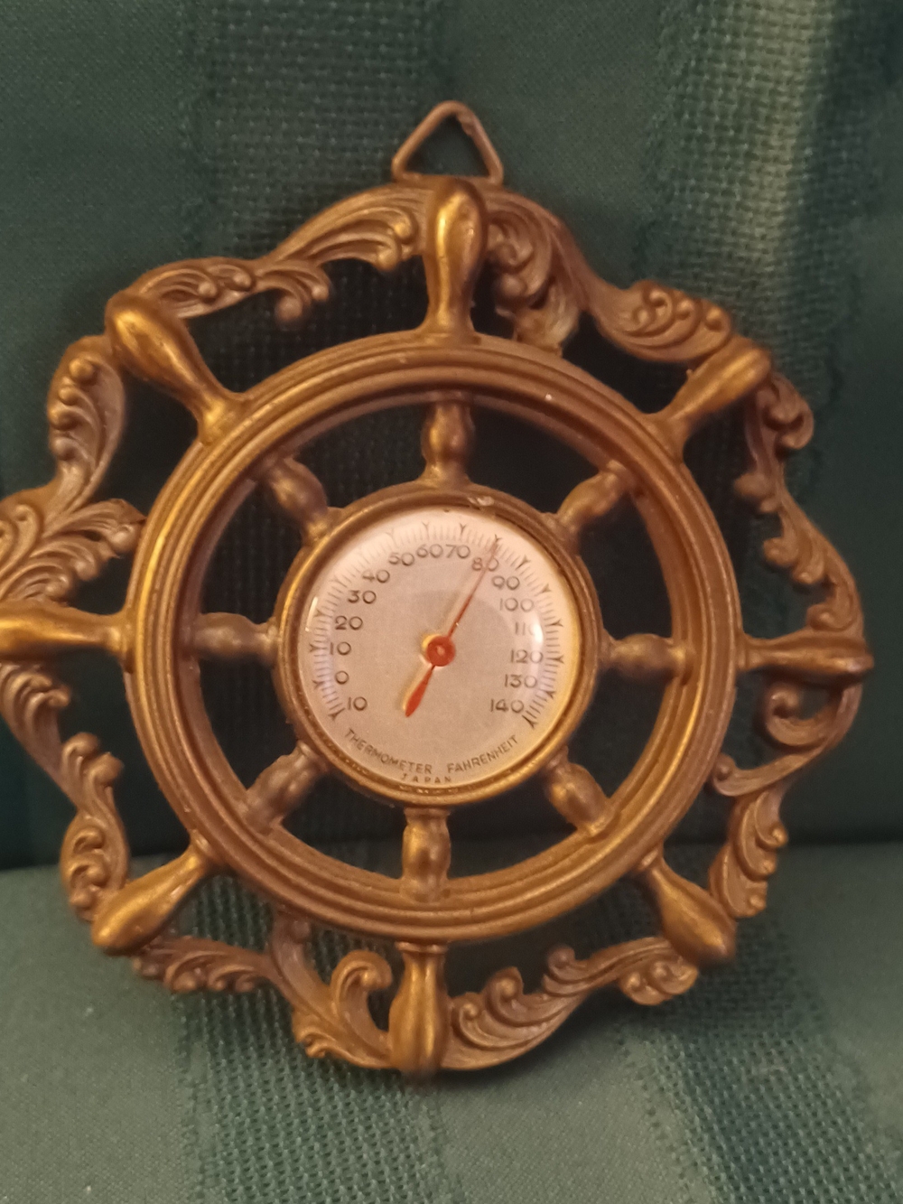 Vintage Brass Tone Ship Wheel Thermometer - Brass Color